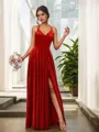 Chic A-line V-neck Floor-Length Velvet Bridesmaid Dress With Slit