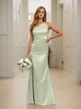Seductive Sheath/Column One-Shoulder Floor-Length Silk Like Satin Bridesmaid Dress With Slit