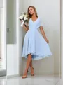 A-line Pretty V-neck Short Sleeves Asymmetrical Chiffon Bridesmaid Dress With Pleated
