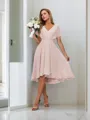 A-line Pretty V-neck Short Sleeves Asymmetrical Chiffon Bridesmaid Dress With Pleated