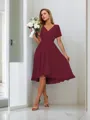A-line Pretty V-neck Short Sleeves Asymmetrical Chiffon Bridesmaid Dress With Pleated