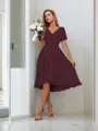 A-line Pretty V-neck Short Sleeves Asymmetrical Chiffon Bridesmaid Dress With Pleated
