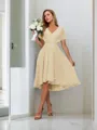 A-line Pretty V-neck Short Sleeves Asymmetrical Chiffon Bridesmaid Dress With Pleated