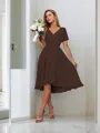 A-line Pretty V-neck Short Sleeves Asymmetrical Chiffon Bridesmaid Dress With Pleated