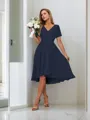 A-line Pretty V-neck Short Sleeves Asymmetrical Chiffon Bridesmaid Dress With Pleated