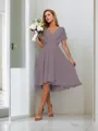 A-line Pretty V-neck Short Sleeves Asymmetrical Chiffon Bridesmaid Dress With Pleated