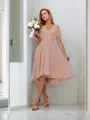 A-line Pretty V-neck Short Sleeves Asymmetrical Chiffon Bridesmaid Dress With Pleated