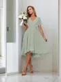 A-line Pretty V-neck Short Sleeves Asymmetrical Chiffon Bridesmaid Dress With Pleated