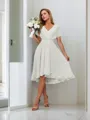 A-line Pretty V-neck Short Sleeves Asymmetrical Chiffon Bridesmaid Dress With Pleated
