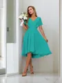 A-line Pretty V-neck Short Sleeves Asymmetrical Chiffon Bridesmaid Dress With Pleated