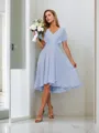 A-line Pretty V-neck Short Sleeves Asymmetrical Chiffon Bridesmaid Dress With Pleated