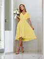 A-line Pretty V-neck Short Sleeves Asymmetrical Chiffon Bridesmaid Dress With Pleated
