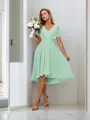 A-line Pretty V-neck Short Sleeves Asymmetrical Chiffon Bridesmaid Dress With Pleated