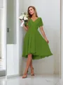 A-line Pretty V-neck Short Sleeves Asymmetrical Chiffon Bridesmaid Dress With Pleated