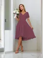 A-line Pretty V-neck Short Sleeves Asymmetrical Chiffon Bridesmaid Dress With Pleated