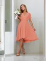 A-line Pretty V-neck Short Sleeves Asymmetrical Chiffon Bridesmaid Dress With Pleated