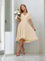 A-line Pretty V-neck Short Sleeves Asymmetrical Chiffon Bridesmaid Dress With Pleated