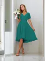 A-line Pretty V-neck Short Sleeves Asymmetrical Chiffon Bridesmaid Dress With Pleated