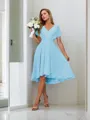 A-line Pretty V-neck Short Sleeves Asymmetrical Chiffon Bridesmaid Dress With Pleated