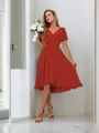A-line Pretty V-neck Short Sleeves Asymmetrical Chiffon Bridesmaid Dress With Pleated