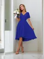 A-line Pretty V-neck Short Sleeves Asymmetrical Chiffon Bridesmaid Dress With Pleated