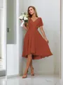 A-line Pretty V-neck Short Sleeves Asymmetrical Chiffon Bridesmaid Dress With Pleated
