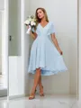 A-line Pretty V-neck Short Sleeves Asymmetrical Chiffon Bridesmaid Dress With Pleated