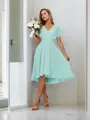 A-line Pretty V-neck Short Sleeves Asymmetrical Chiffon Bridesmaid Dress With Pleated