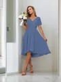 A-line Pretty V-neck Short Sleeves Asymmetrical Chiffon Bridesmaid Dress With Pleated