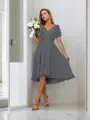 A-line Pretty V-neck Short Sleeves Asymmetrical Chiffon Bridesmaid Dress With Pleated
