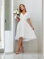 A-line Pretty V-neck Short Sleeves Asymmetrical Chiffon Bridesmaid Dress With Pleated