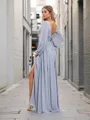 Trendy A-line V-neck Long Sleeves Floor-Length Chiffon Bridesmaid Dress With Slit