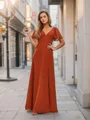 A-line Pretty V-neck Short Sleeves Floor-Length Chiffon Bridesmaid Dress With Slit