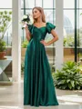 A-line Classy Sweetheart Short Sleeves Floor-Length Silk Like Satin Bridesmaid Dress With Pleated