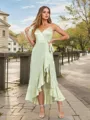 Delicate A-line V-neck Asymmetrical Silk Like Satin Bridesmaid Dress With Sash