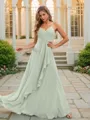 A-line Chic V-neck Floor-Length Chiffon Bridesmaid Dress With Pleated