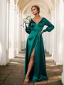 A-line Classic V-neck Long Sleeves Floor-Length Silk like Satin Bridesmaid Dress With Slit