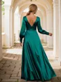 A-line Classic V-neck Long Sleeves Floor-Length Silk like Satin Bridesmaid Dress With Slit