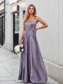 A-line Flowing Spaghetti Straps Sweep Train Satin Corset Bridesmaid Dress