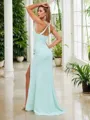 Sheath/Column Teasing Spaghetti Straps Sweep Train Chiffon Bridesmaid Dress With Slit