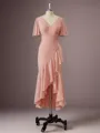 Sheath/Column Modern V-neck Short Sleeves Asymmetrical Chiffon Bridesmaid Dress With Ruffles