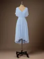 A-line Pretty V-neck Short Sleeves Asymmetrical Chiffon Bridesmaid Dress With Pleated