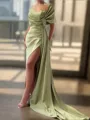 Sheath/Column Sexy Court Train Silk like Satin Bridesmaid Dress With Slit