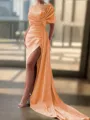 Sheath/Column Sexy Court Train Silk like Satin Bridesmaid Dress With Slit