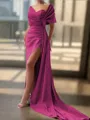 Sheath/Column Sexy Court Train Silk like Satin Bridesmaid Dress With Slit