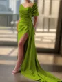 Sheath/Column Sexy Court Train Silk like Satin Bridesmaid Dress With Slit