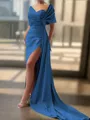 Sheath/Column Sexy Court Train Silk like Satin Bridesmaid Dress With Slit