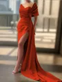 Sheath/Column Sexy Court Train Silk like Satin Bridesmaid Dress With Slit