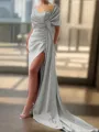 Sheath/Column Sexy Court Train Silk like Satin Bridesmaid Dress With Slit