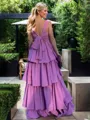 A-line Charming Square Floor-Length Silk Like Satin Corset Bridesmaid Dress With Cascading Ruffles
